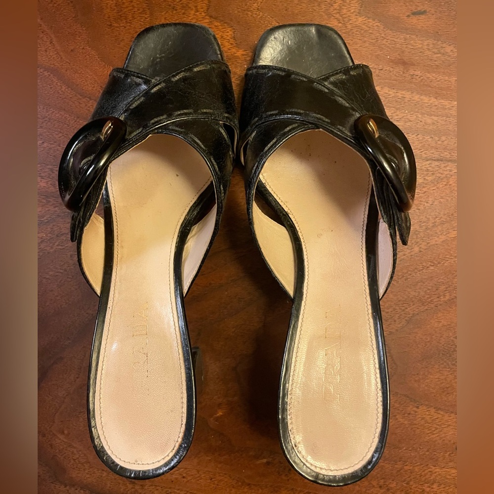 Prada Black Leather Slide Heeled Mules with Oversized Buckle - Picture 6 of 9